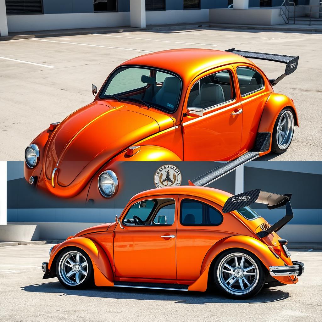 A 1973 Volkswagen Super Beetle 1600 in metallic orange color, featuring a wide body kit specifically designed for VW