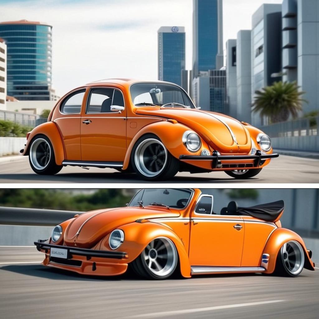 VOLKSWAGEN SUPER BEETLE 1600 1973, de color naranja metalizado, Kit de carrocería extra ancha para VW, con un kit de carnicería deportiva, baja suspensión, un alerón ICBEAMER negro de fibra de carbono, vista frontal y lateral, parado en un estacionamiento.