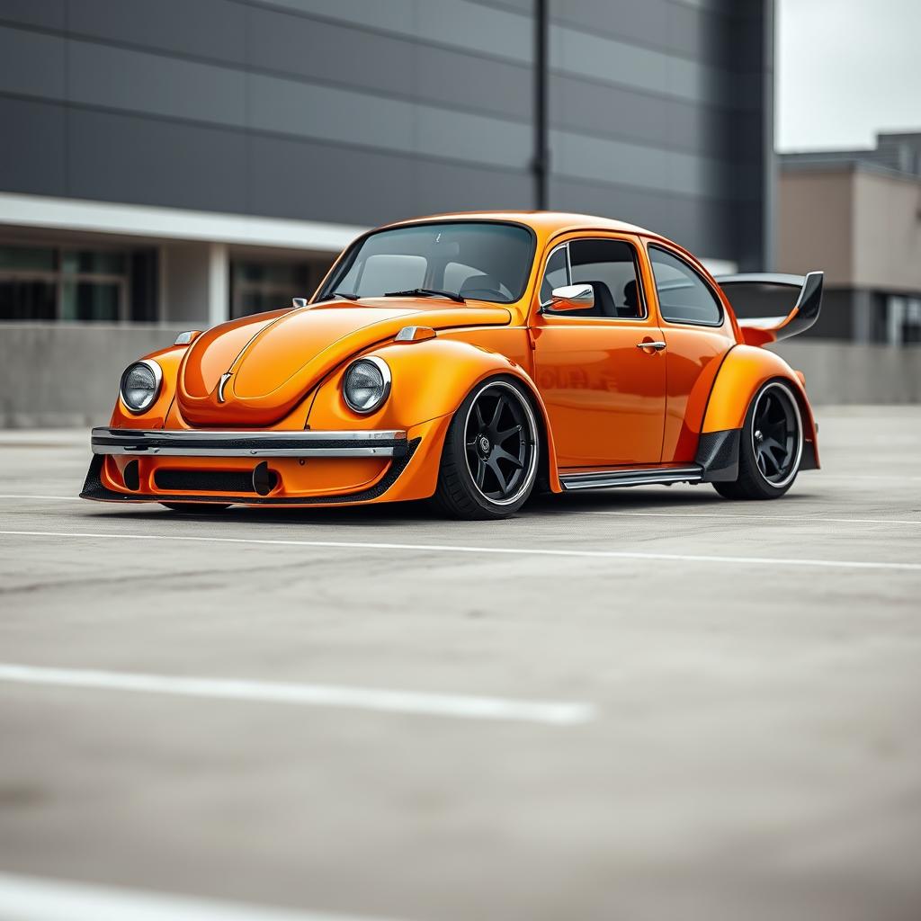 A 1973 Volkswagen Super Beetle 1600 in metallic orange color, featuring a wide body kit specifically designed for VW