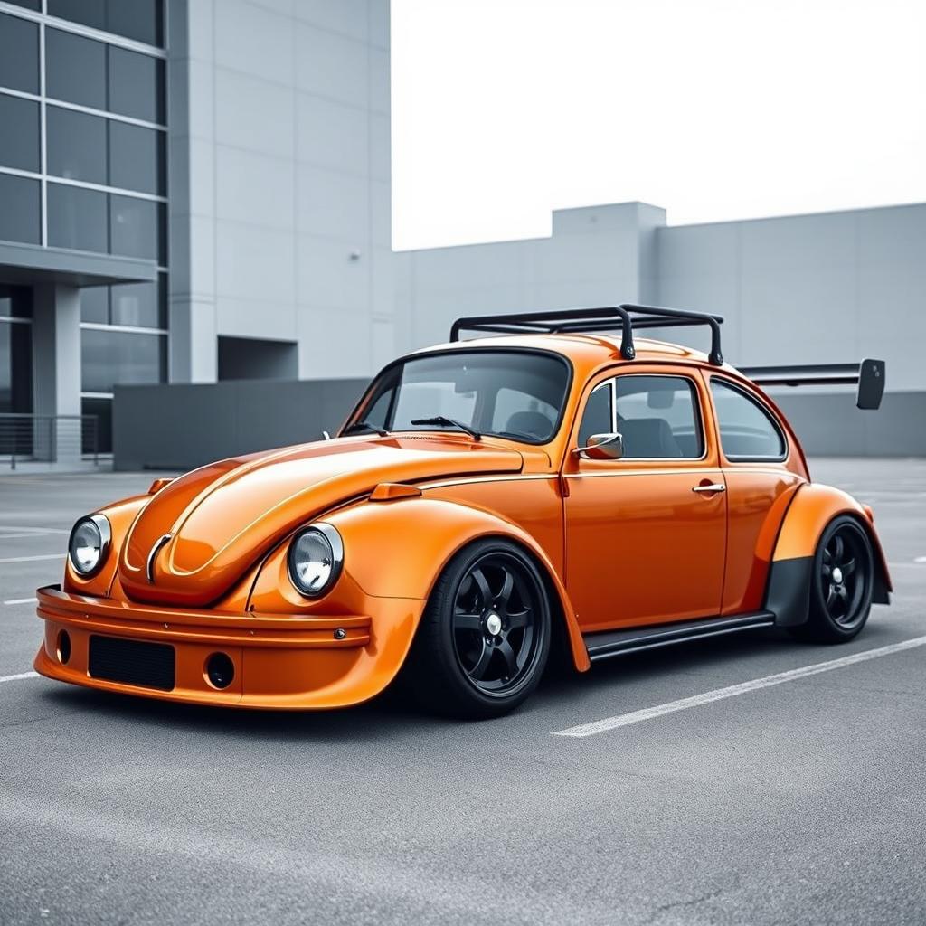 A 1973 Volkswagen Super Beetle 1600 in metallic orange color, featuring a wide body kit specifically designed for VW