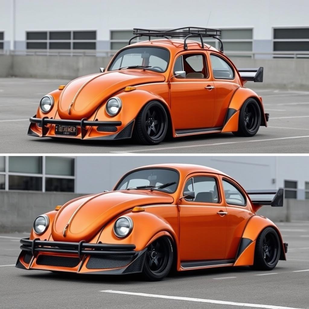 A 1973 Volkswagen Super Beetle 1600 in metallic orange color, featuring a wide body kit specifically designed for VW