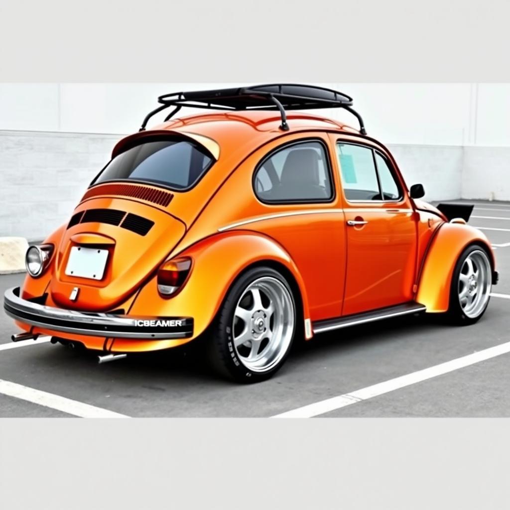 A 1973 Volkswagen Super Beetle 1600 in metallic orange color, featuring a sporty body kit that accentuates its classic shape