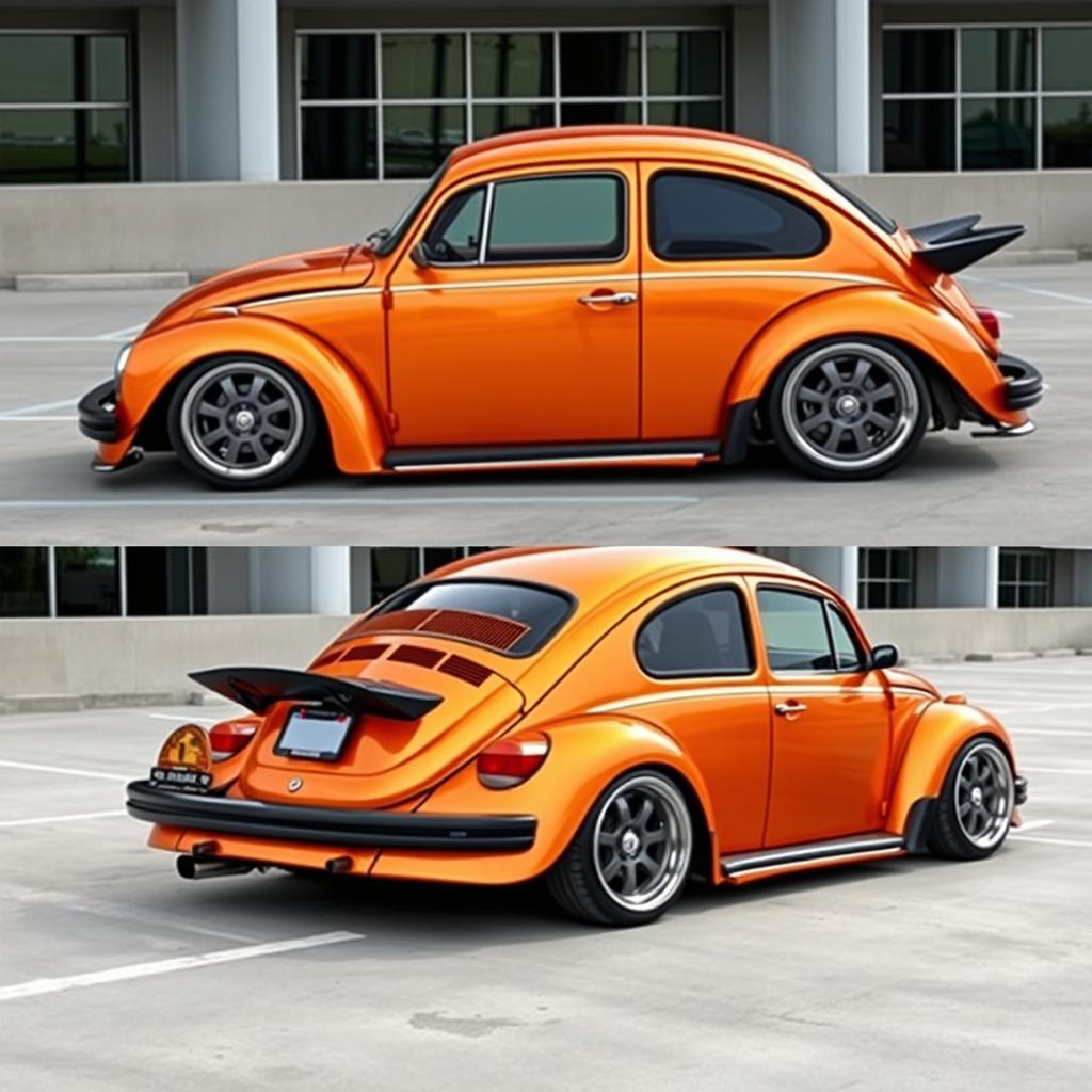 A 1973 Volkswagen Super Beetle 1600 in metallic orange color, featuring a sporty body kit and low suspension