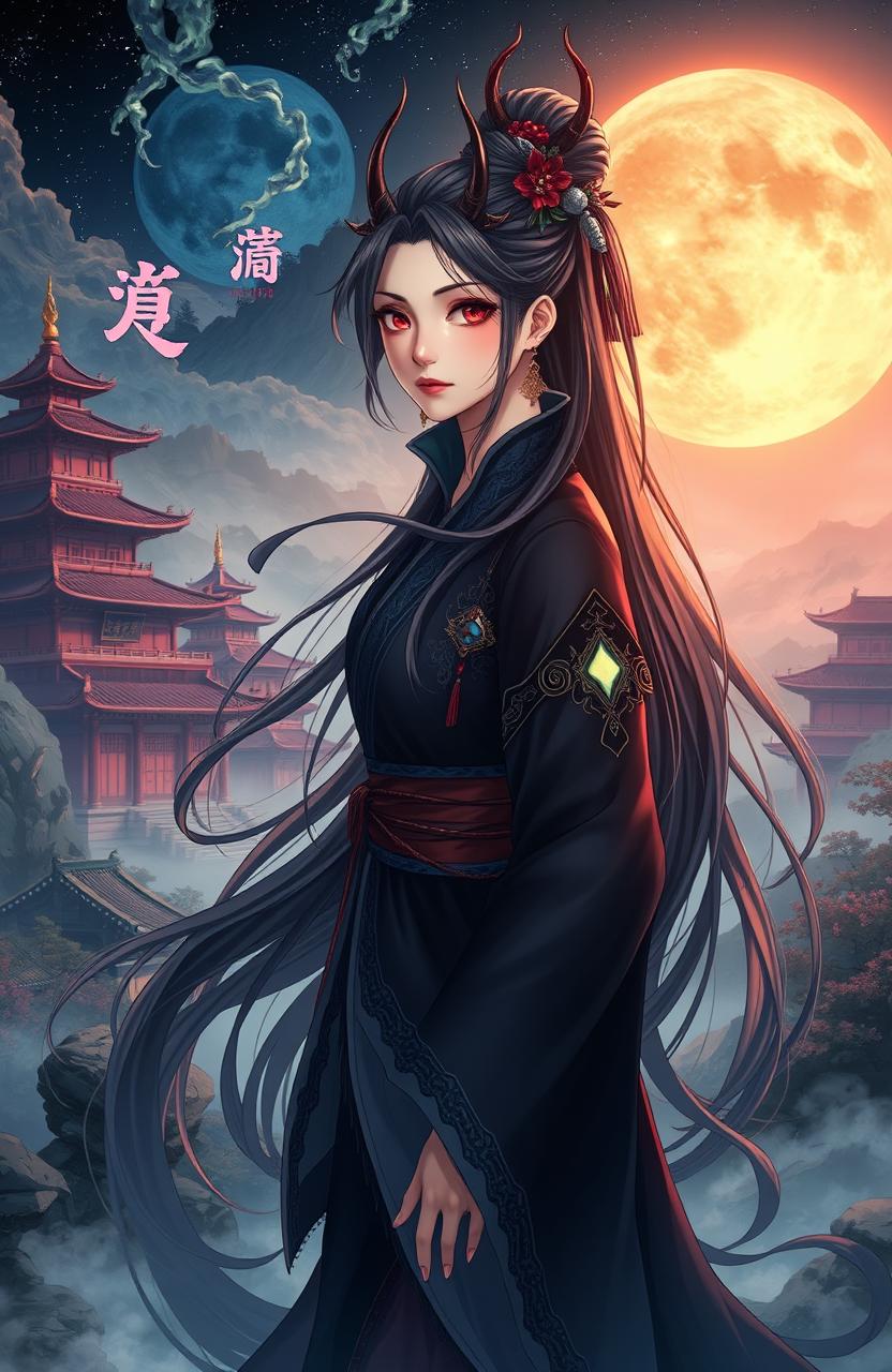 An ancient Chinese setting with a young woman inspired by anime, embodying the theme of 'demon possessed'