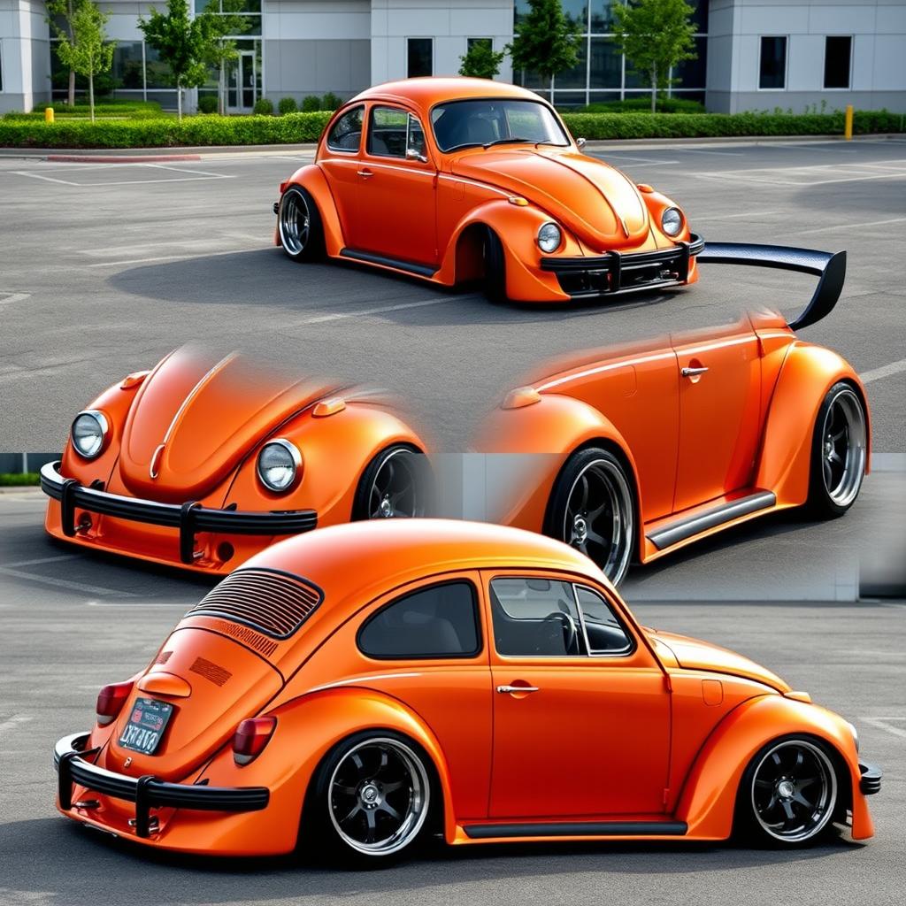 A 1973 Volkswagen Super Beetle 1600 in metallic orange color, featuring an extra wide body kit designed specifically for VW
