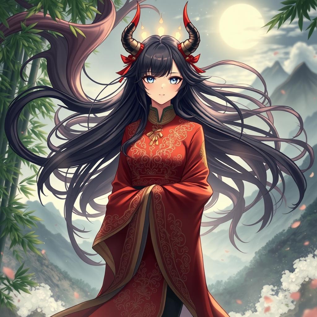An anime cover illustration set in ancient China, featuring a young woman who embodies the theme of being possessed by a demon