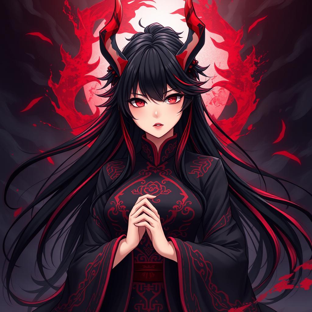 An anime-style illustration featuring a young woman set in ancient China, embodying the theme 'possessed by a demon