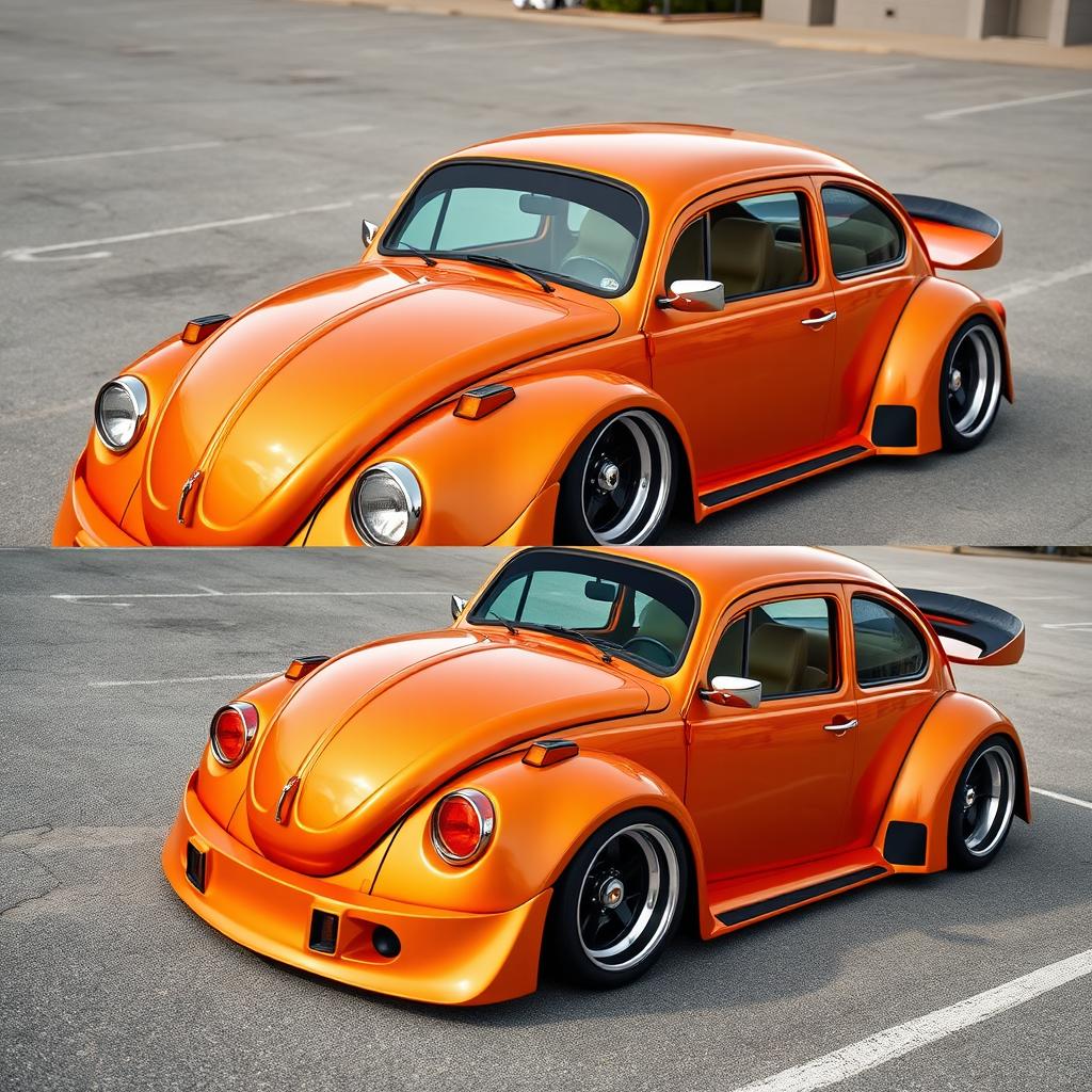 A stunning 1973 Volkswagen Super Beetle 1600 in metallic orange, featuring an extra wide body kit and sporty bodywork