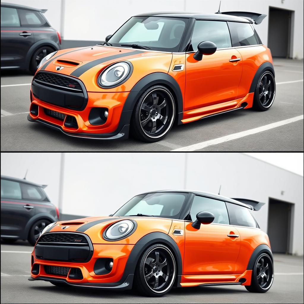 A vibrant metallic orange Mini Cooper featuring an extra wide body kit and sporty modifications