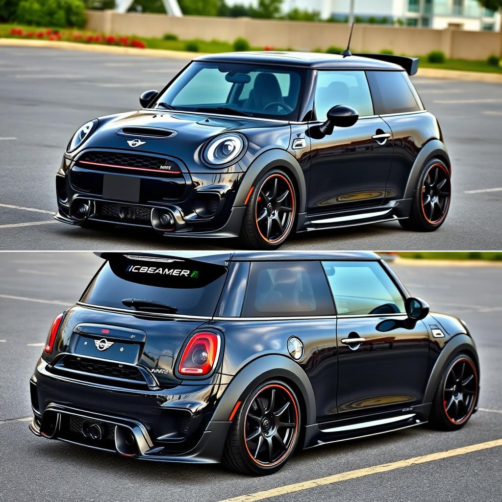 A striking black metallic Mini Cooper featuring an extra wide body kit designed for VW, including wide front and rear bumpers and fenders that enhance the wheel arches