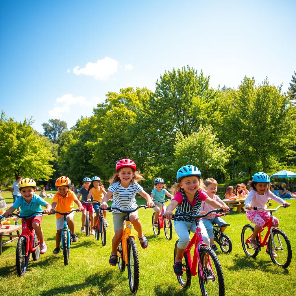 A vibrant outdoor scene of children happily riding bicycles through a sunlit park