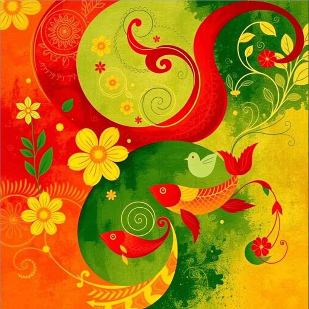 An abstract art piece inspired by the Bengali New Year, featuring vibrant colors such as red, yellow, and green, symbolizing joy and celebration