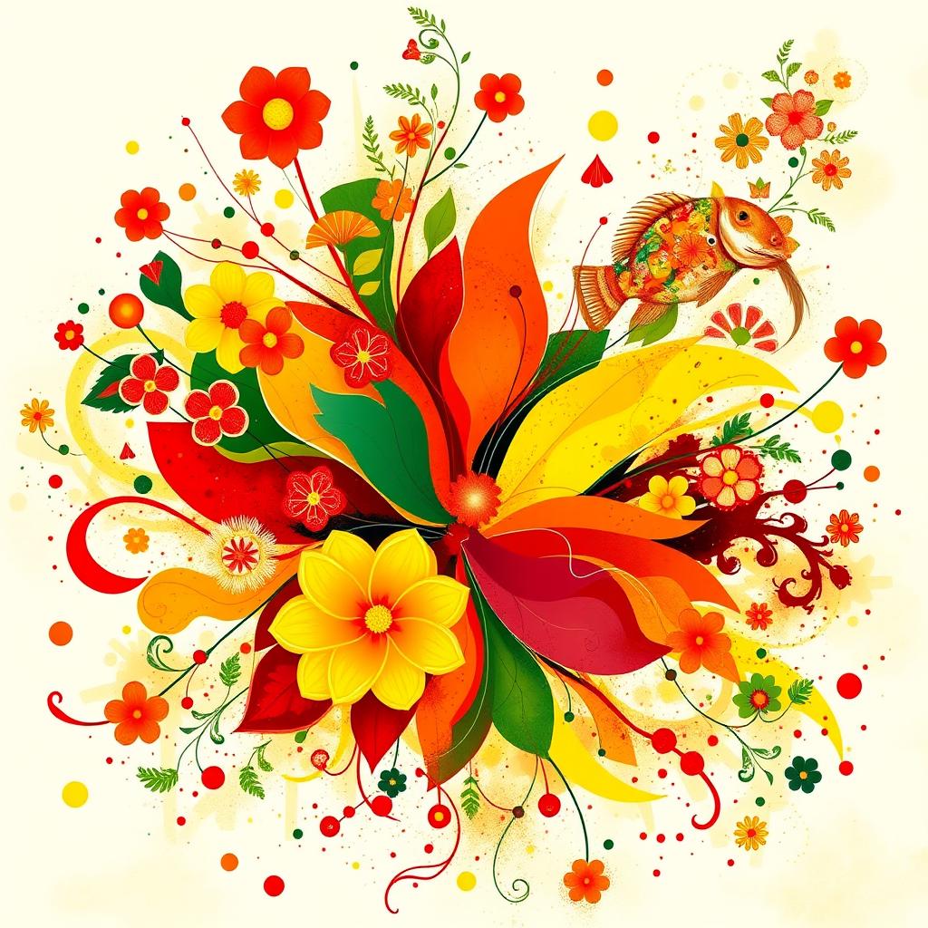 An abstract art piece inspired by the Bengali New Year, featuring a lively explosion of colors like red, yellow, and green, representing joy and festivity