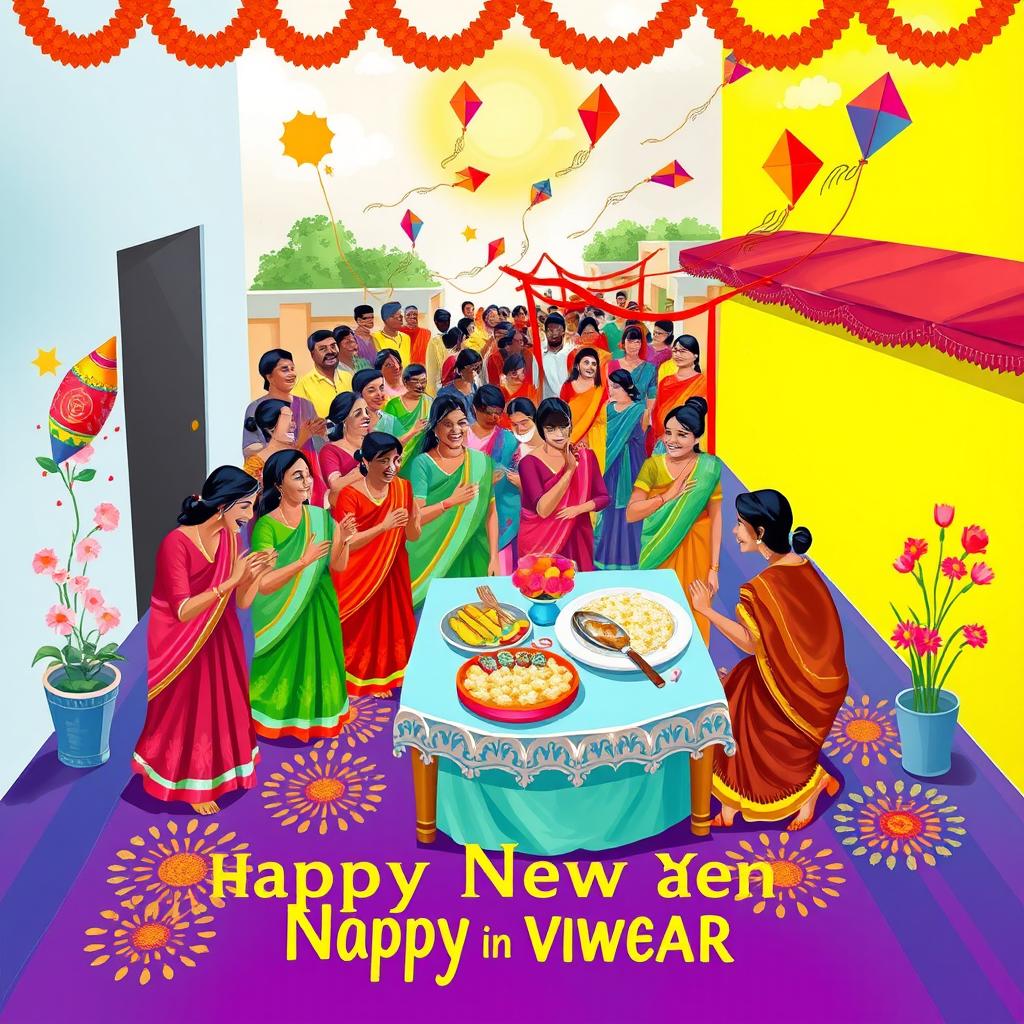 A vibrant and festive artwork celebrating Bengali New Year, showcasing traditional elements like colorful 'Alpona' patterns painted on the floor, blooming seasonal flowers, and a table adorned with 'Panta Bhat' (fermented rice) and 'Ilish' fish, which are staples of the celebration