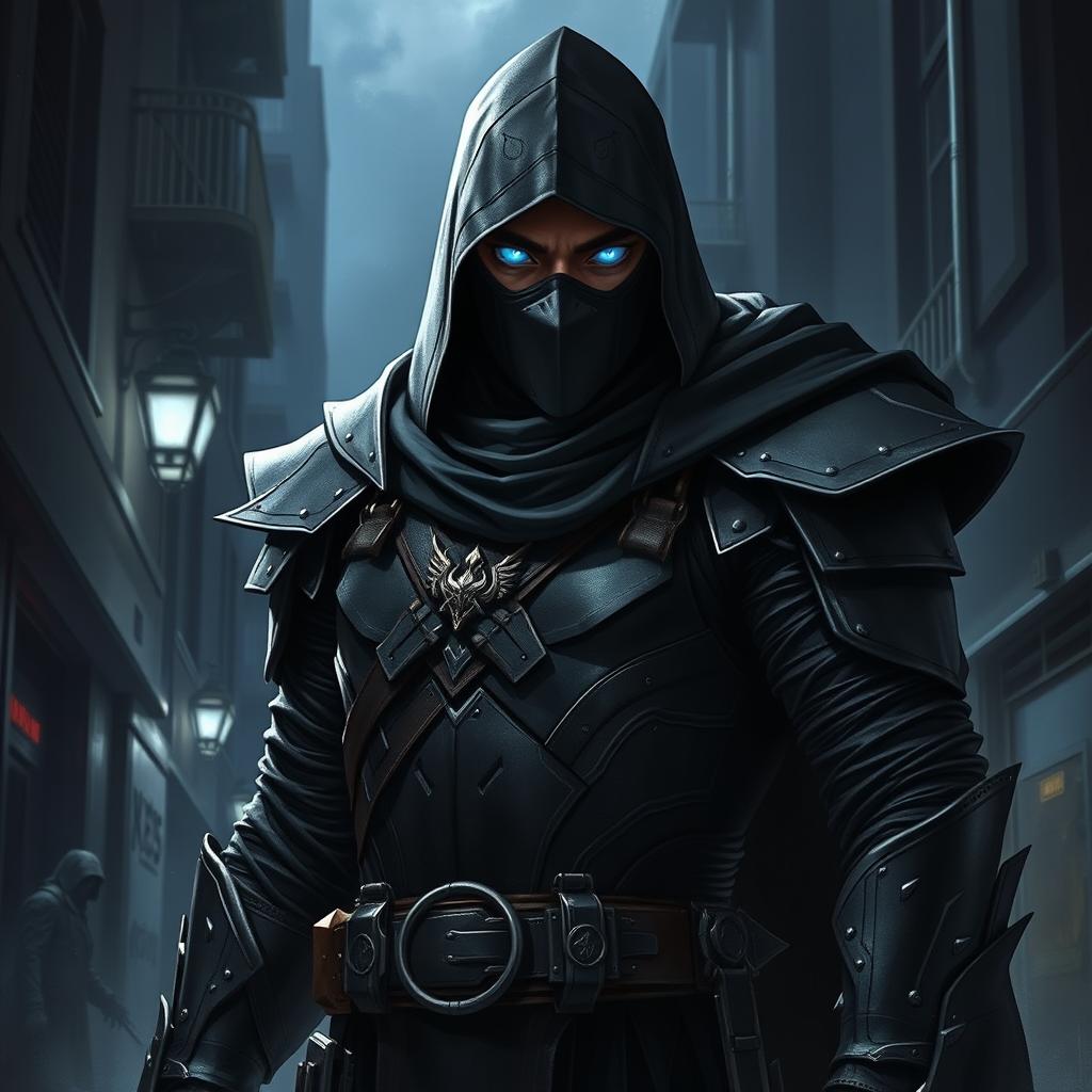 A Dungeons & Dragons character, a rogue assassin with an imposing presence