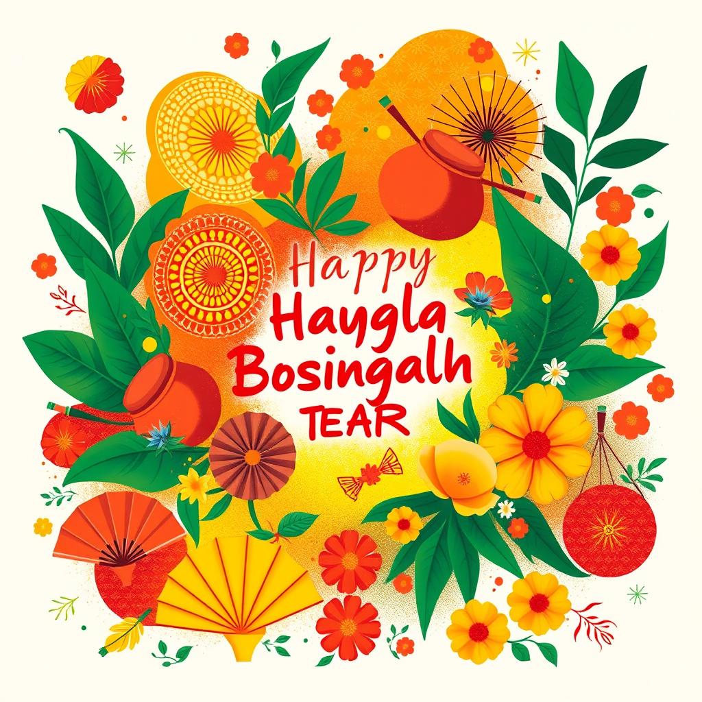 An abstract, vibrant celebration of Bengali New Year (Pohela Boishakh), showcasing traditional motifs such as intricate 'alpana' patterns, lush mango leaves, clay pots, colorful fans, conch shells, and floral elements
