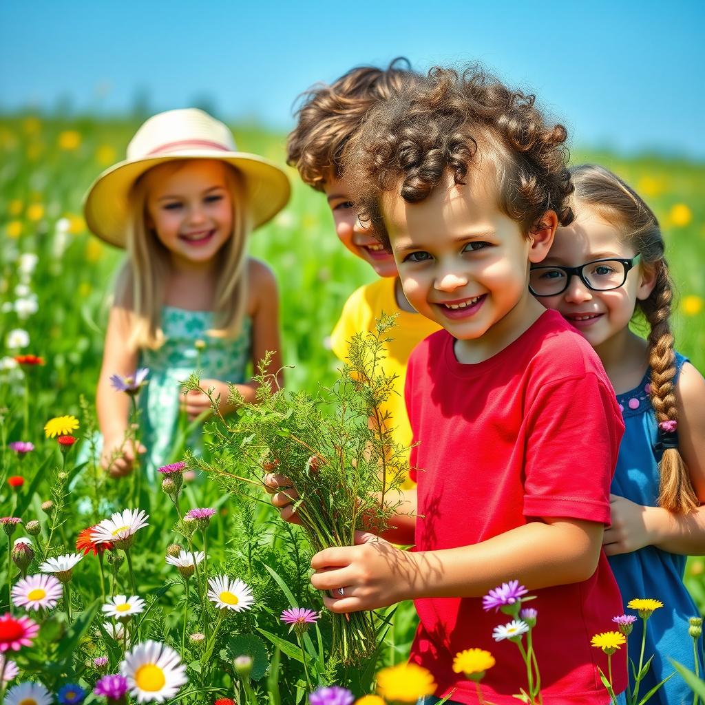A vibrant scene depicting three children joyfully gathering wild herbs in a lush green field