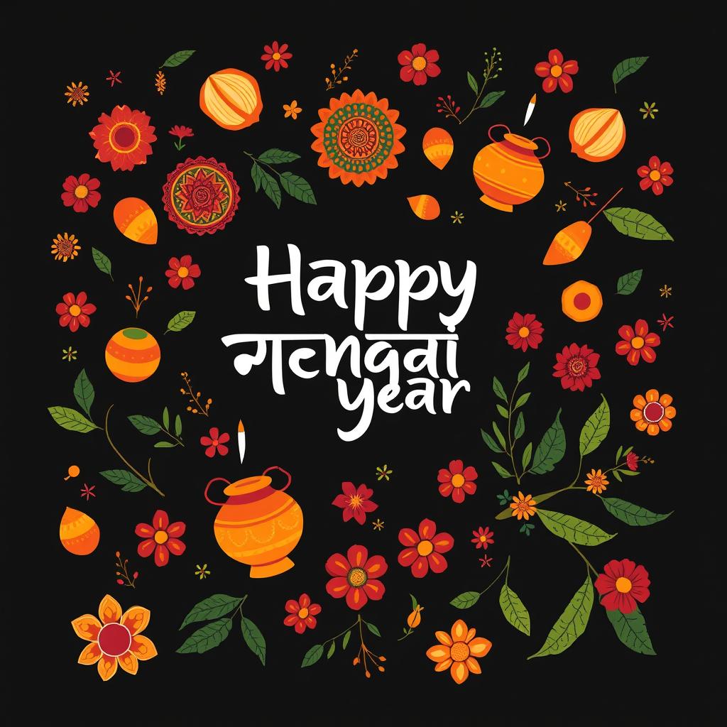 An abstract, vibrant Bengali New Year (Pohela Boishakh) themed artwork set against a deep black background