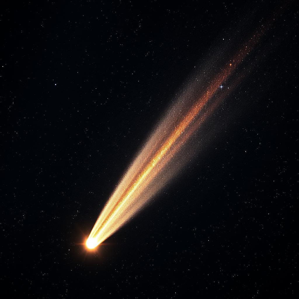 An awe-inspiring comet streaking across a starry night sky, with a brilliant, glowing tail made of sparkling ice and dust