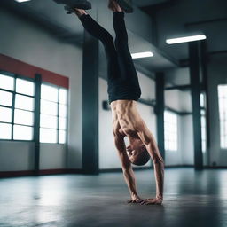 A strong and balanced athlete performing a one-handed handstand in a professional gym, under the watchful eyes of a skilled trainer