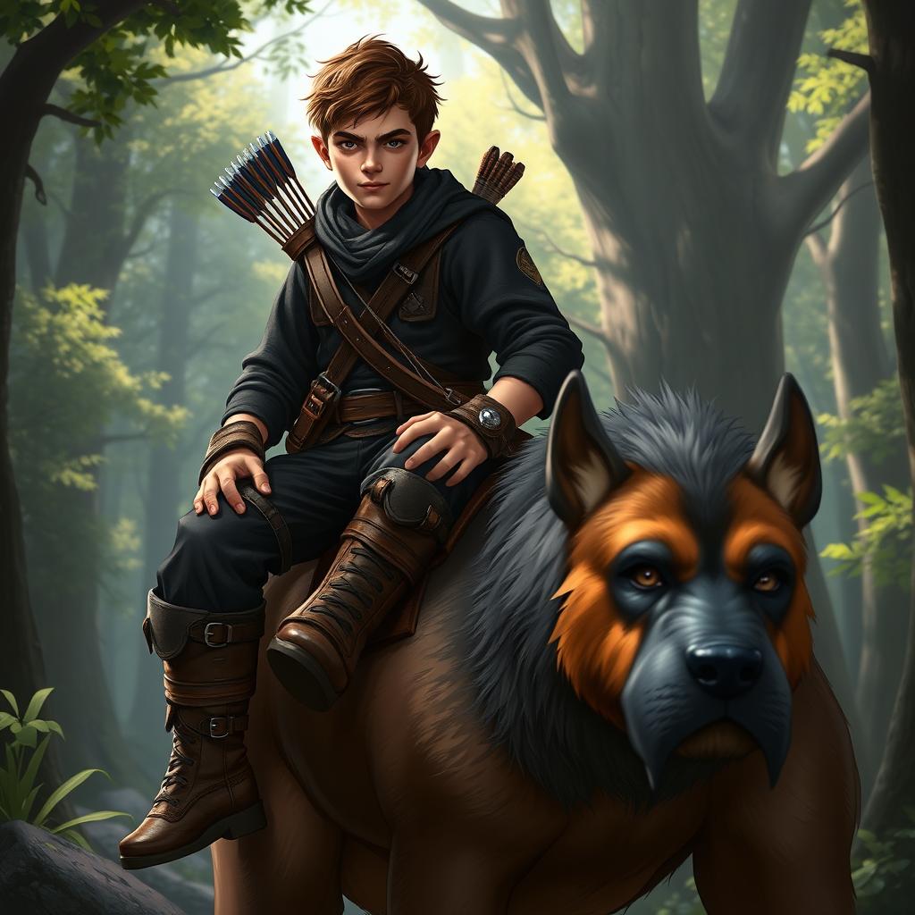 A male halfling ranger, with rugged features and mischievous eyes, wearing black clothing and a leather utility belt