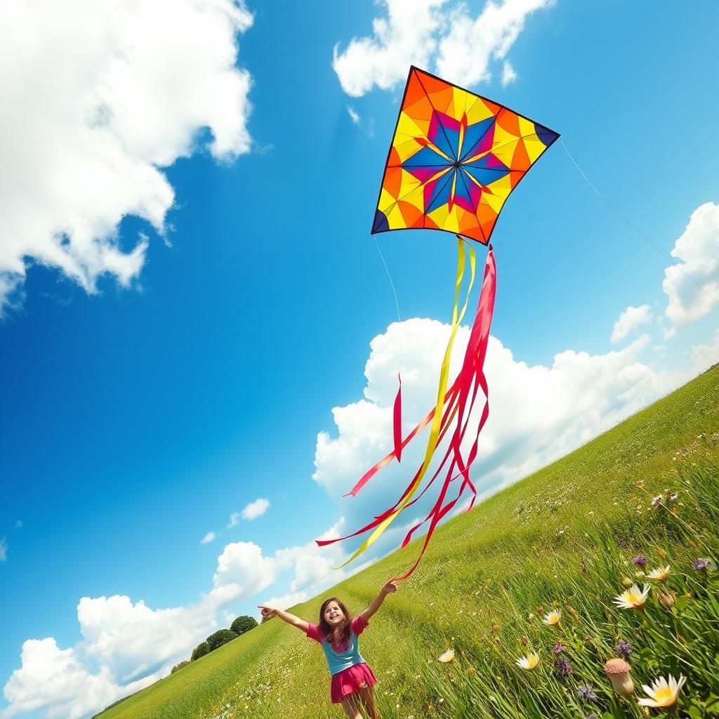 A vibrant and colorful kite soaring high in a clear blue sky, with fluffy white clouds drifting by