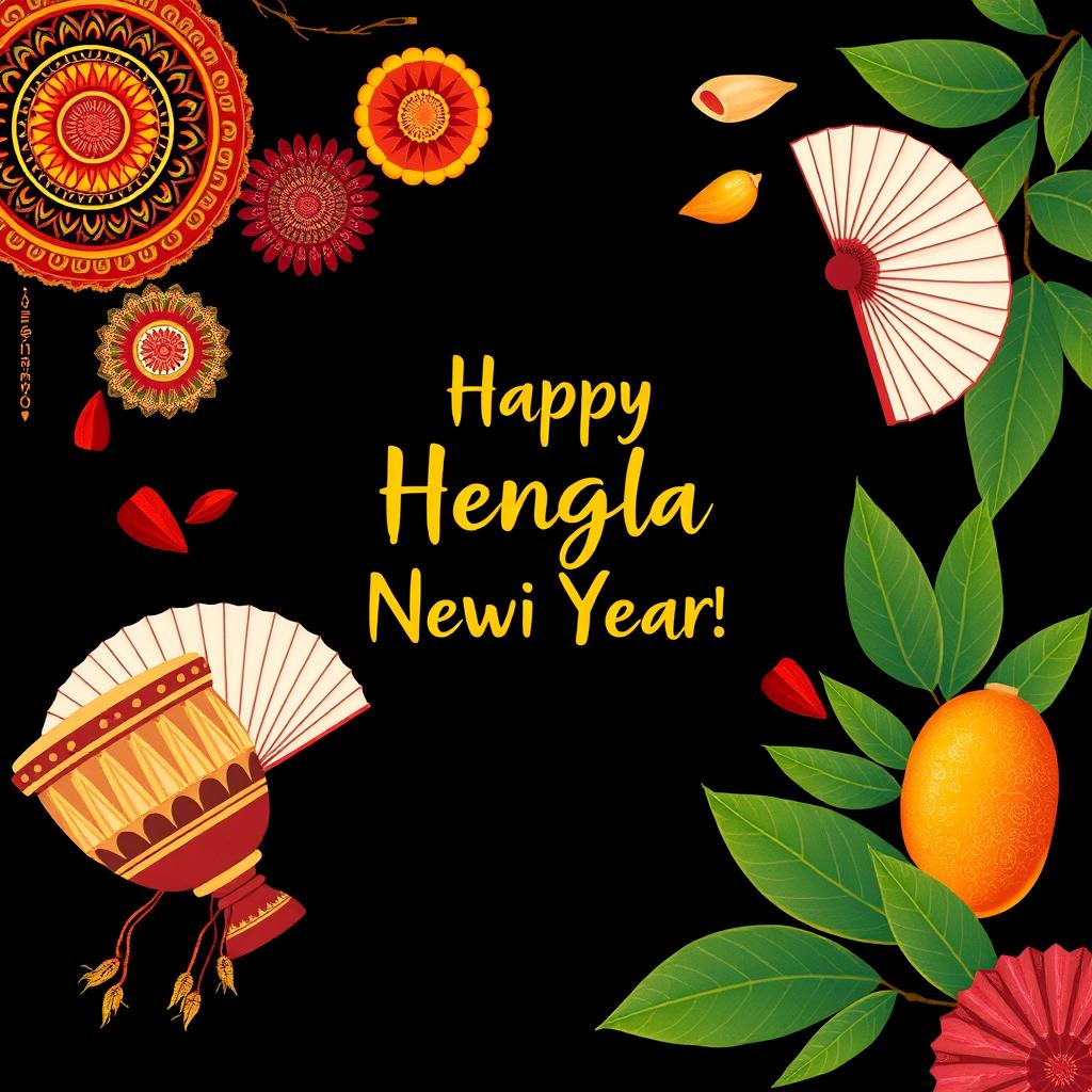 An abstract, festive artwork inspired by the Bangladeshi celebration of Bengali New Year (Pohela Boishakh), set against a deep black background
