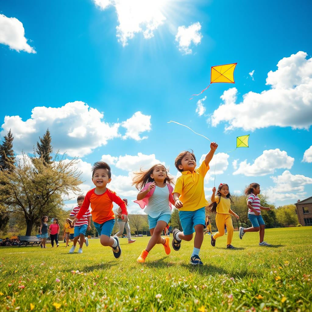 A vibrant, action-packed scene of children flying colorful kites on a sunny day in a wide-open park