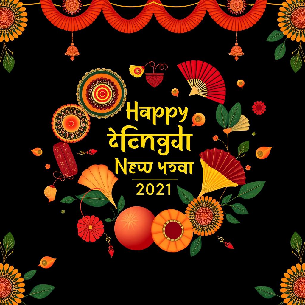 An abstract, festive artwork inspired by the Bangladeshi celebration of Bengali New Year (Pohela Boishakh), featuring a deep black background