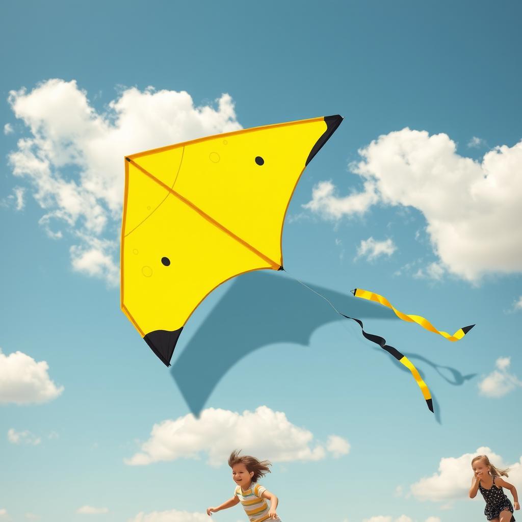 A vibrant and dynamic kite soaring in the sky, designed primarily in bright yellow and sleek black colors