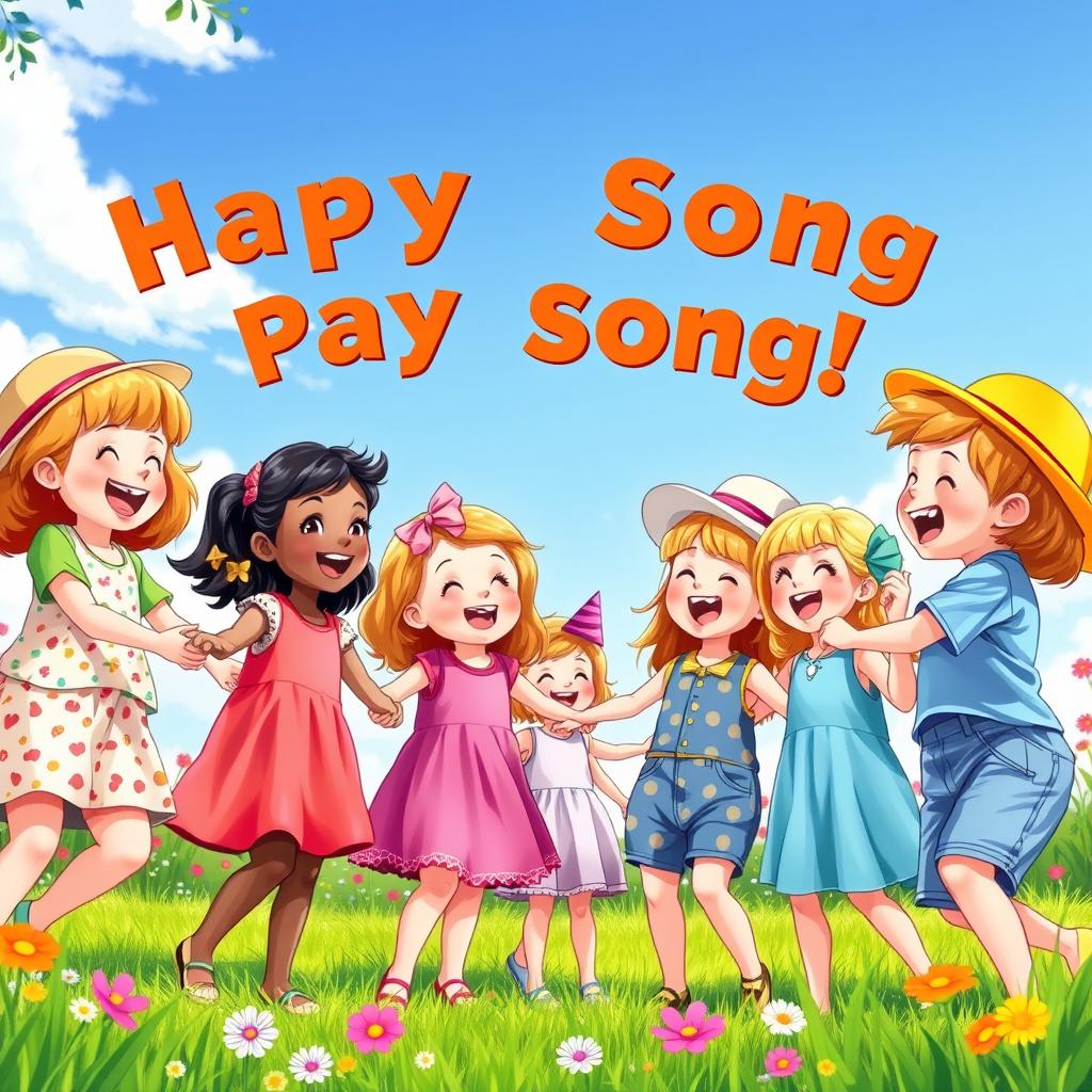 A vibrant scene depicting a group of children joyfully playing in a circle outdoors, laughing and holding hands