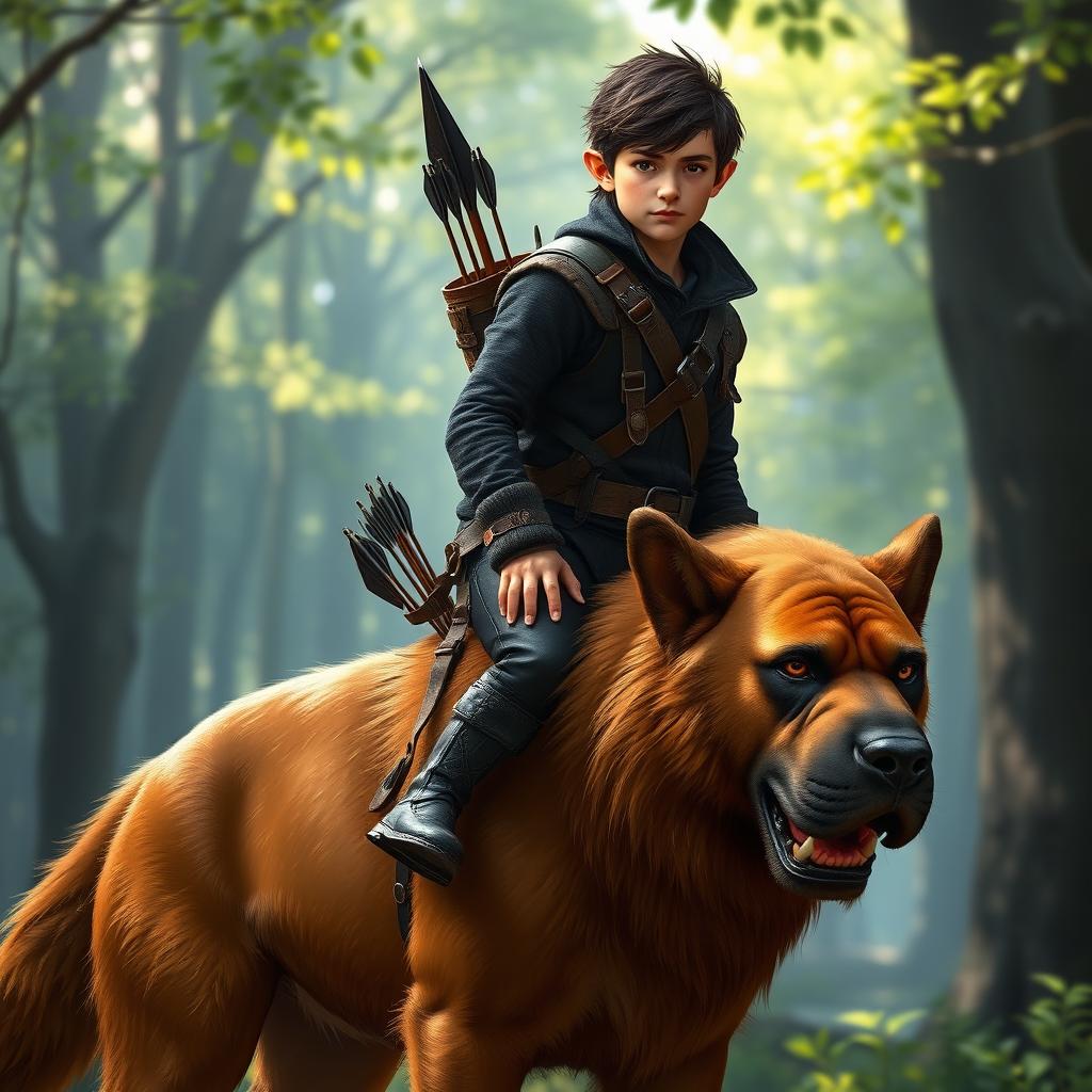 A male halfling ranger, featuring distinct adventurous characteristics, dressed in sleek black clothing and equipped with a leather utility belt