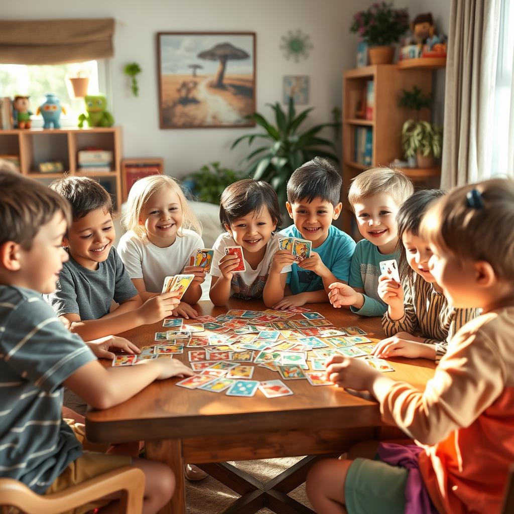 A lively scene of children playing cards together, gathered around a wooden table filled with colorful playing cards