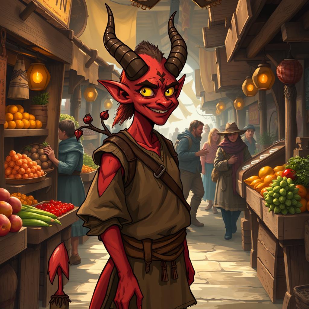 A male red tiefling commoner wearing simple, rustic clothing