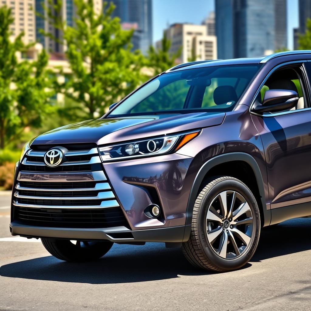 A sleek and modern Toyota Highlander parked in an urban environment, showcasing its distinctive front grille and streamlined curves