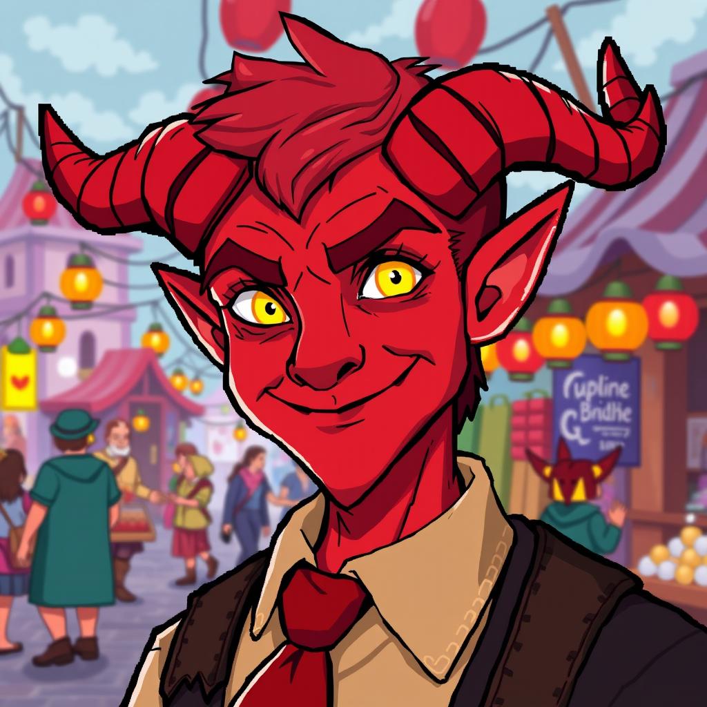 A male red tiefling with kind facial features, depicted in vibrant pixel art style