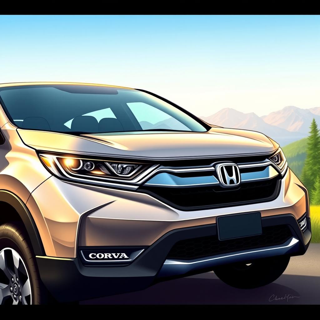 A detailed illustration of a modern Honda CR-V, showcasing its sleek exterior design with a glossy finish, emphasizing the sharp headlights and spacious interior