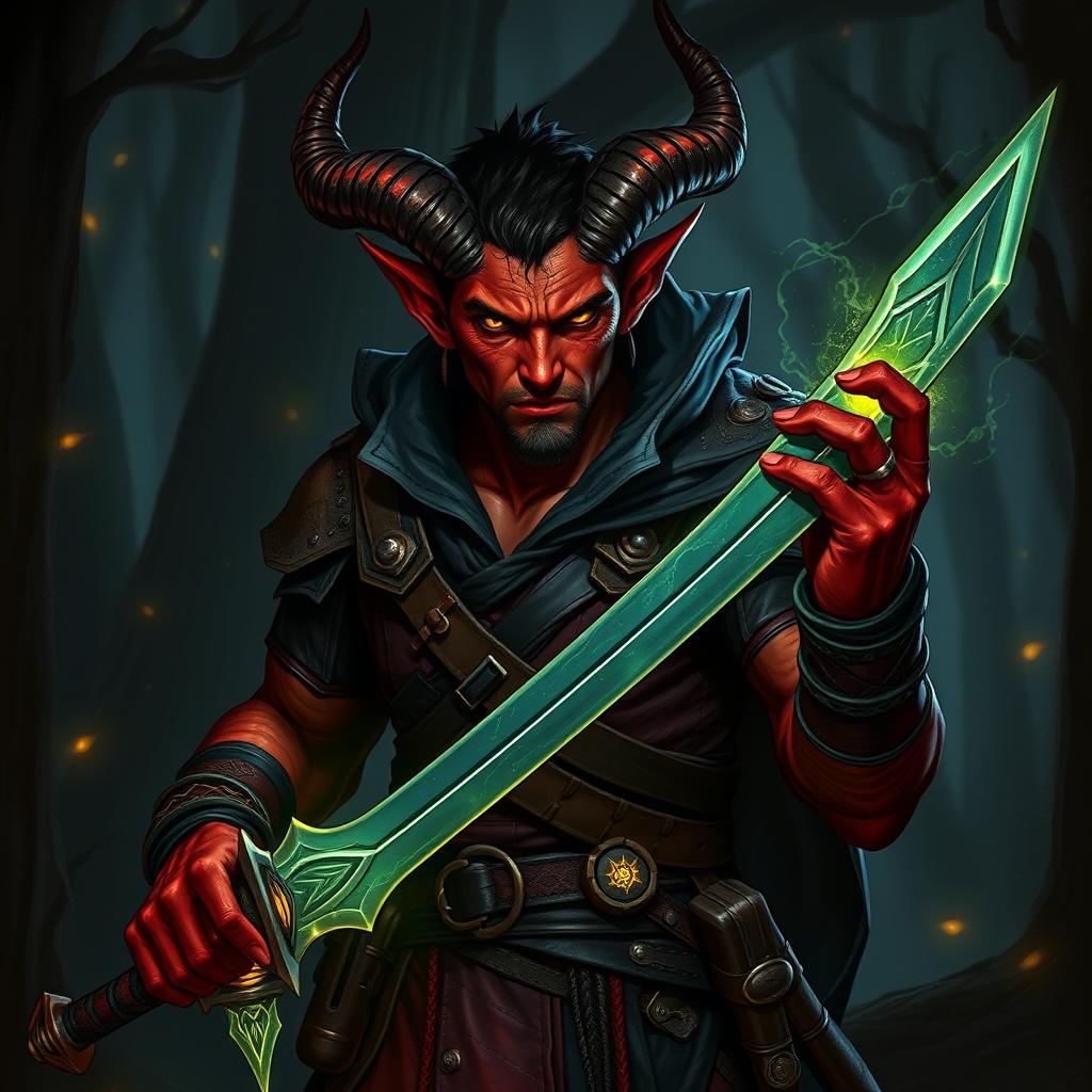 A male Tiefling adventurer in a dark fantasy setting, showcasing his red, textured skin and intricate horns, wearing a richly detailed outfit with leather and mystical symbols