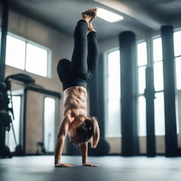 A strong and balanced athlete performing a one-handed handstand in a professional gym, under the watchful eyes of a skilled trainer