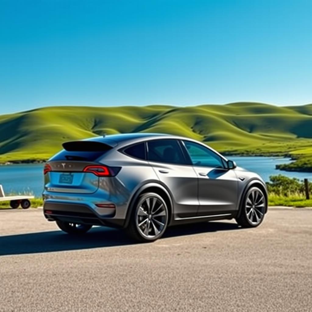 A sleek and modern Tesla Model Y electric SUV parked in a scenic landscape, showcasing its aerodynamic design and glossy finish