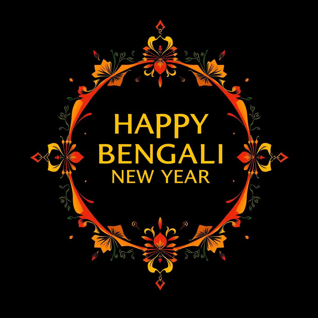 An abstract, festive artwork inspired by the Bangladeshi celebration of Bengali New Year (Pohela Boishakh), set against a deep black background