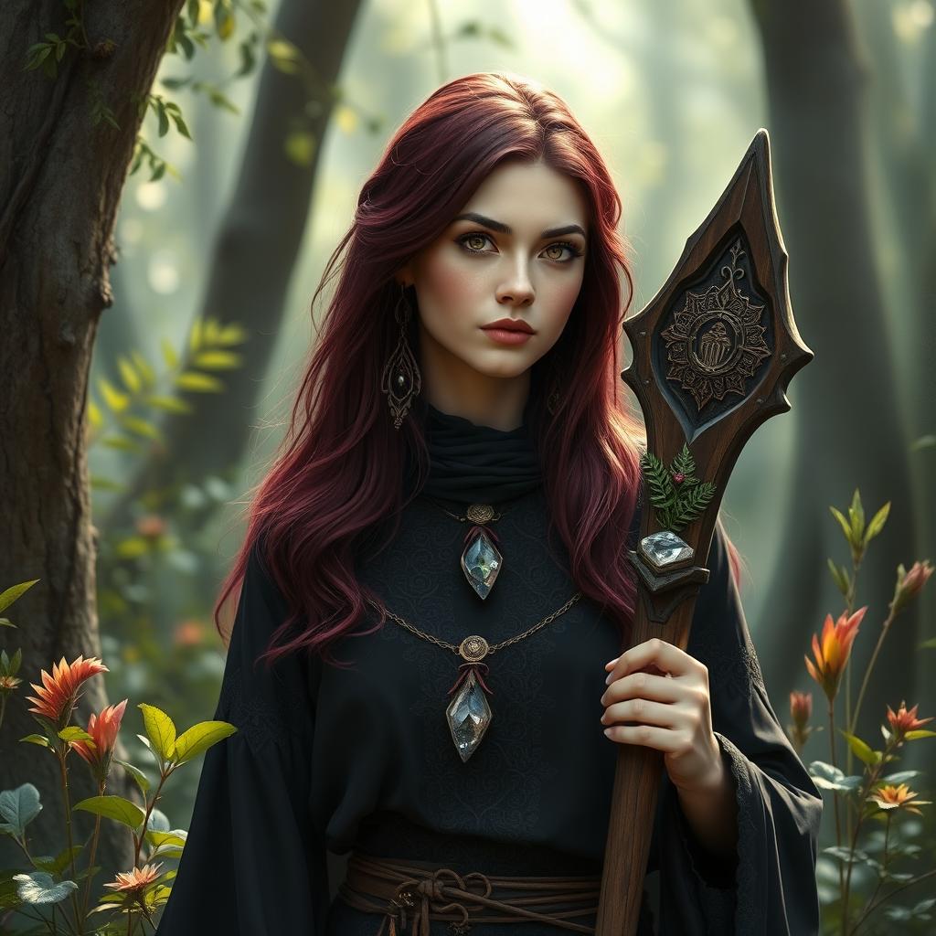 A female Kalashtar druid from the Circle of the Moon, dressed in elegant black clothing that blends seamlessly with the natural environment