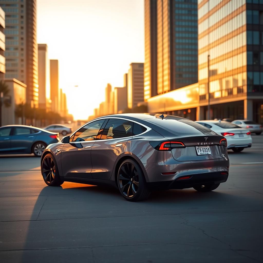 A sleek and futuristic Tesla Model Y parked in an urban setting, showcasing its elegant design and vibrant color