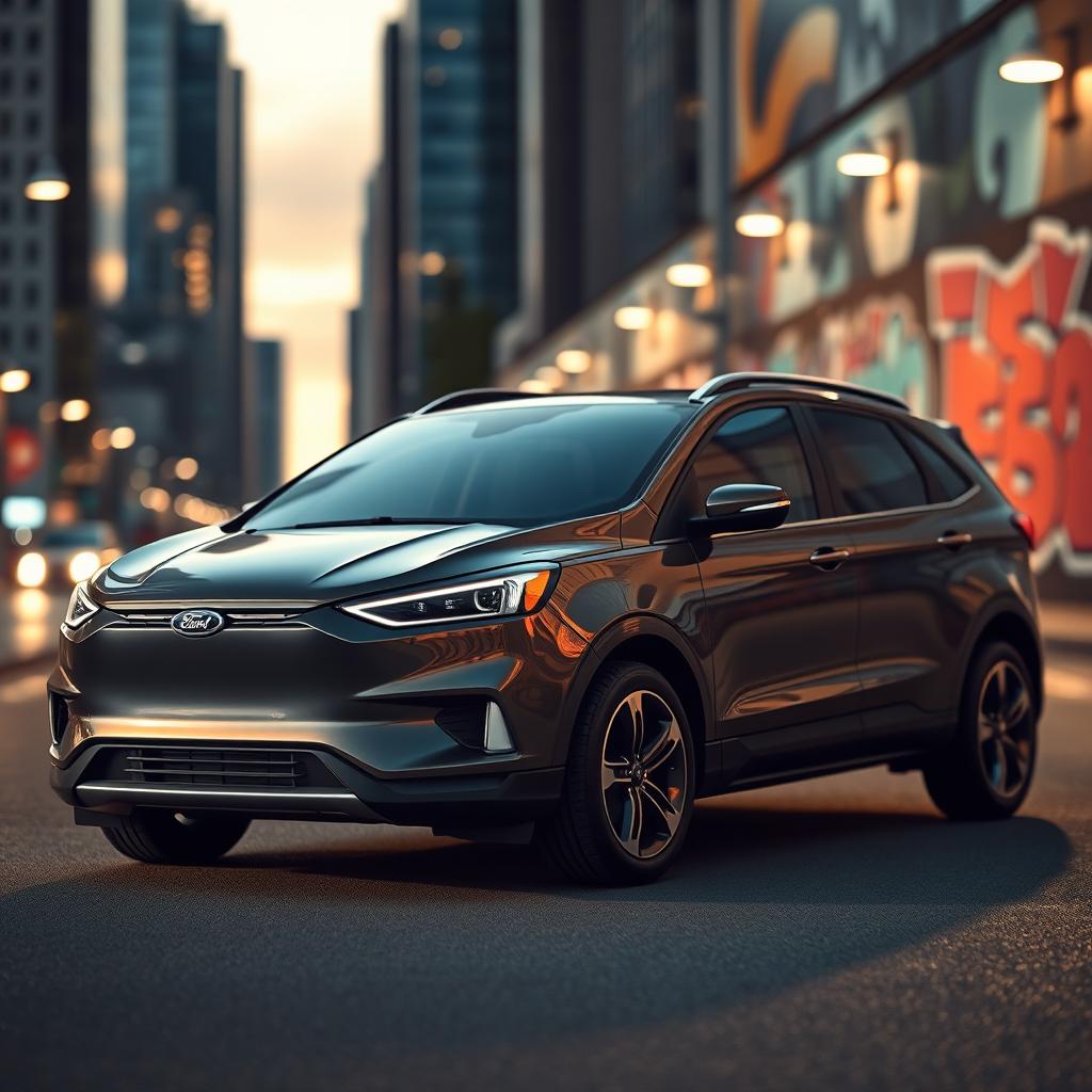 A sleek and modern Ford vehicle parked in an urban setting, showcasing its aerodynamic design and stylish features