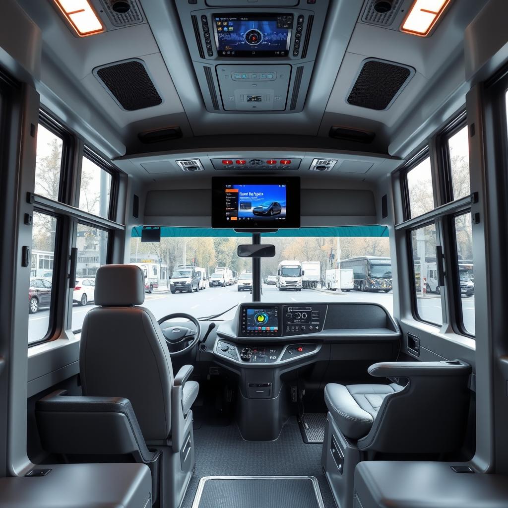 A modern bus driver's cabin, showcasing a sleek design with advanced technology interfaces