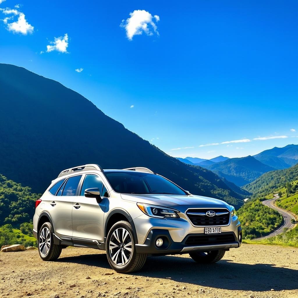 A stunning Subaru Outback parked on a scenic overlook, surrounded by lush green mountains and a vibrant blue sky