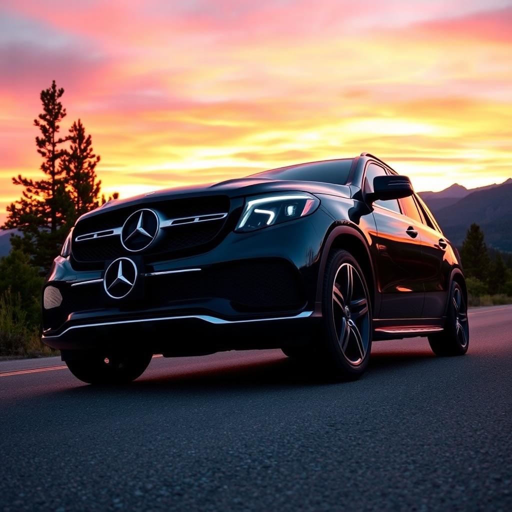 A sleek, modern Mercedes GLE SUV parked on a scenic mountain road during sunset, the sky filled with vibrant hues of orange and pink