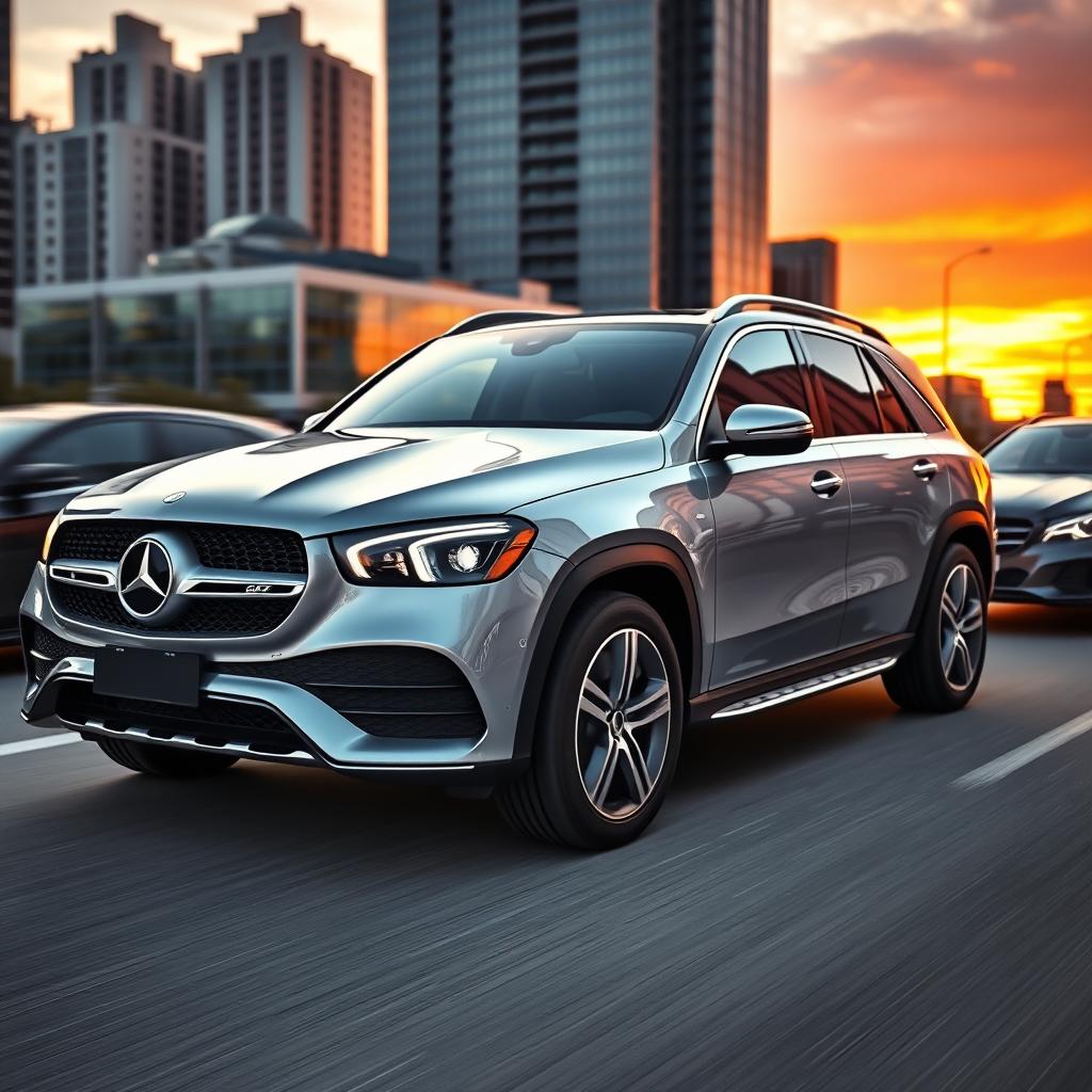 A sleek and luxurious Mercedes GLE parked in an urban environment, showcasing its modern design elements such as the bold grille, smooth curves, and sharp headlights
