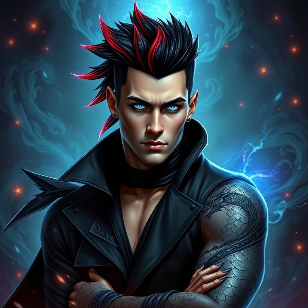 A male human sorcerer, around 30 years old, showcasing his draconic bloodline through striking features and magical aura