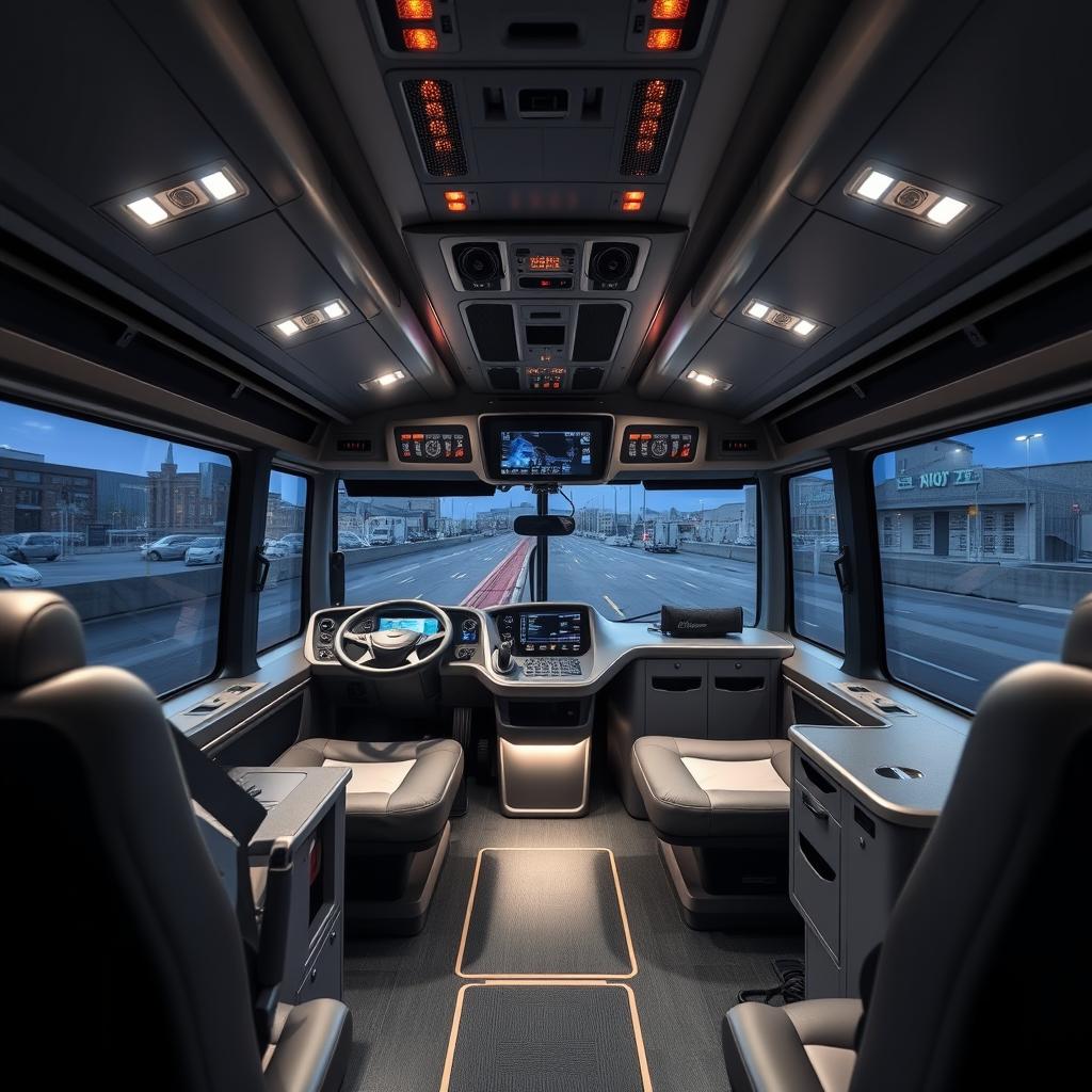 A modern bus driver's cabin, featuring a stylish ergonomic design with advanced digital dashboards and controls